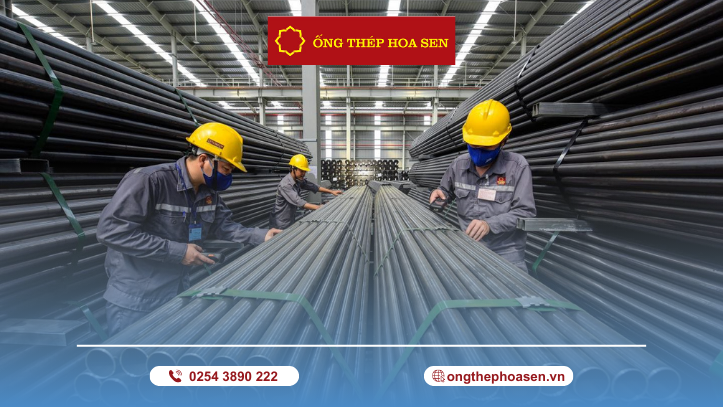 Công nhân kiểm tra và phân loại ống thép đen tại nhà máy Hoa Sen, đảm bảo chất lượng trước khi xuất xưởng cung cấp cho các công trình xây dựng và công nghiệp