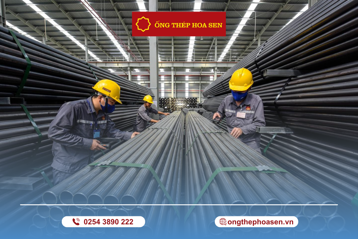 Công nhân kiểm tra và phân loại ống thép đen tại nhà máy Hoa Sen, đảm bảo chất lượng trước khi xuất xưởng cung cấp cho các công trình xây dựng và công nghiệp